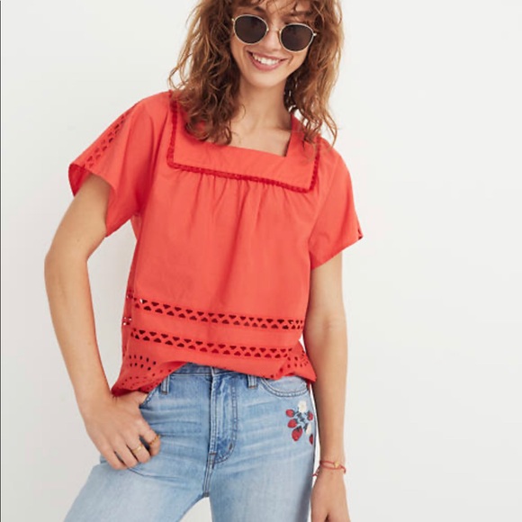 Madewell Red Eyelet Angelica Top Blouse M - Picture 4 of 5